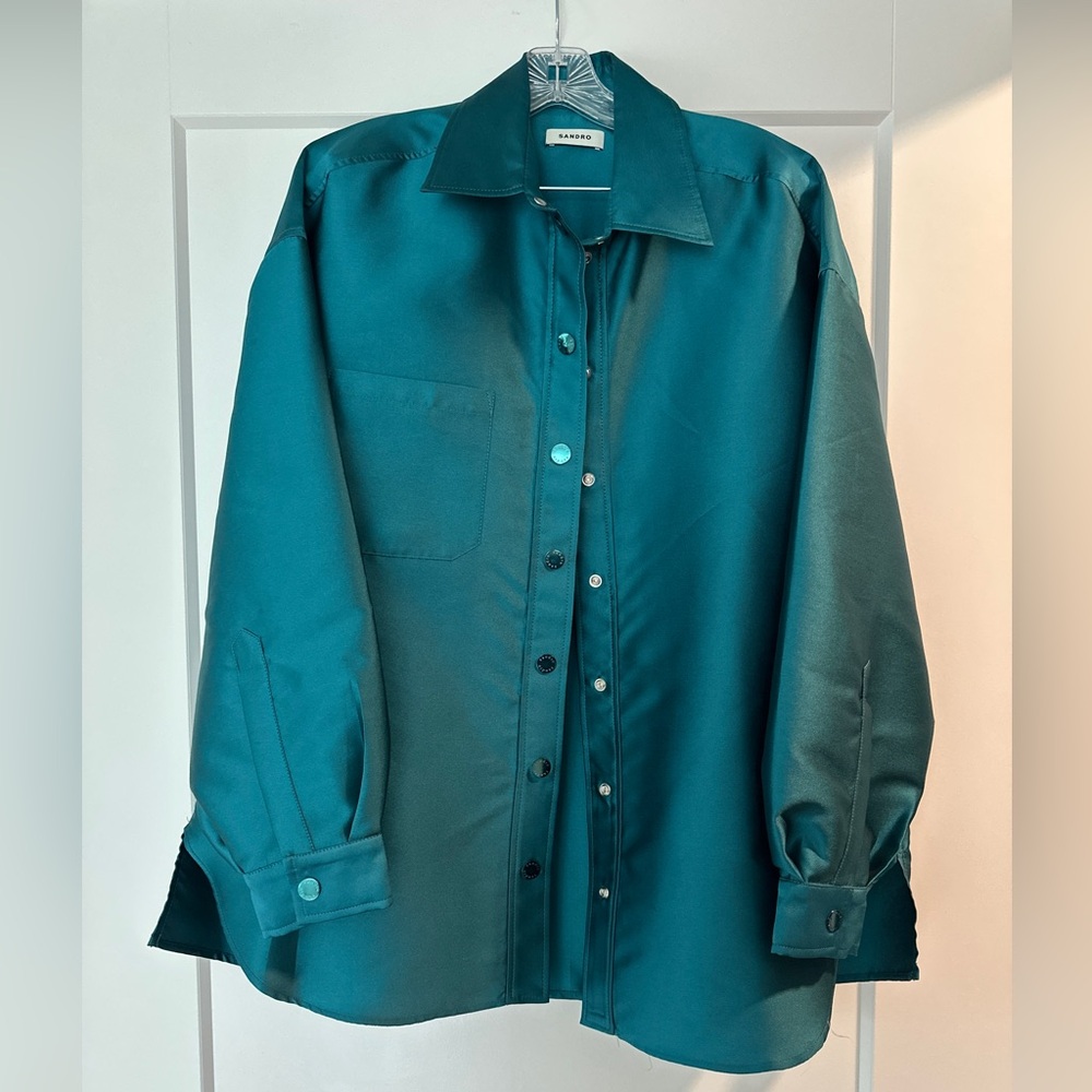 Sandro Teal Satin Button-Front Shirt